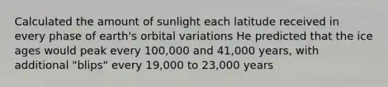 Calculated the amount of sunlight each latitude received in every phase of earth's orbital variations He predicted that the ice ages would peak every 100,000 and 41,000 years, with additional "blips" every 19,000 to 23,000 years