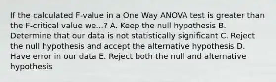 If the calculated F-value in a One Way ANOVA test is greater than the F-critical value we...? A. Keep the null hypothesis B. Determine that our data is not statistically significant C. Reject the null hypothesis and accept the alternative hypothesis D. Have error in our data E. Reject both the null and alternative hypothesis