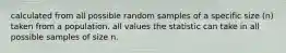 calculated from all possible random samples of a specific size (n) taken from a population. all values the statistic can take in all possible samples of size n.