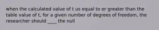 when the calculated value of t us equal to or greater than the table value of t, for a given number of degrees of freedom, the researcher should ____ the null