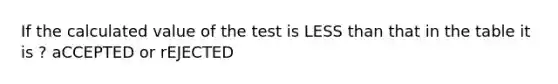 If the calculated value of the test is LESS than that in the table it is ? aCCEPTED or rEJECTED