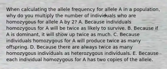 When calculating the allele frequency for allele A in a population, why do you multiply the number of individuals who are homozygous for allele A by 2? A. Because individuals homozygous for A will be twice as likely to survive. B. Because if A is dominant, it will show up twice as much. C. Because individuals homozygous for A will produce twice as many offspring. D. Because there are always twice as many homozygous individuals as heterozygous individuals. E. Because each individual homozygous for A has two copies of the allele.