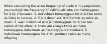 When calculating the allele frequency of allele A in a population, you multiply the frequency of individuals who are homozygous for A by 2 because: 1. individuals homozygous for A will be twice as likely to survive. 2. if A is dominant, it will show up twice as much. 3. each individual who is homozygous for A has two copies of the allele. 4. there are always twice as many homozygous individuals as heterozygous individuals. 5. individuals homozygous for A will produce twice as many offspring.