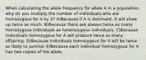 When calculating the allele frequency for allele A in a population, why do you multiply the number of individuals who are homozygous for A by 2? A)Because if A is dominant, it will show up twice as much. B)Because there are always twice as many homozygous individuals as heterozygous individuals. C)Because individuals homozygous for A will produce twice as many offspring. D)Because individuals homozygous for A will be twice as likely to survive. E)Because each individual homozygous for A has two copies of the allele.