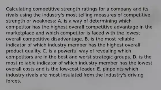 Calculating competitive strength ratings for a company and its rivals using the industry's most telling measures of competitive strength or weakness: A. is a way of determining which competitor has the highest overall competitive advantage in the marketplace and which competitor is faced with the lowest overall competitive disadvantage. B. is the most reliable indicator of which industry member has the highest overall product quality. C. is a powerful way of revealing which competitors are in the best and worst strategic groups. D. is the most reliable indicator of which industry member has the lowest overall costs and is the low-cost leader. E. pinpoints which industry rivals are most insulated from the industry's driving forces.