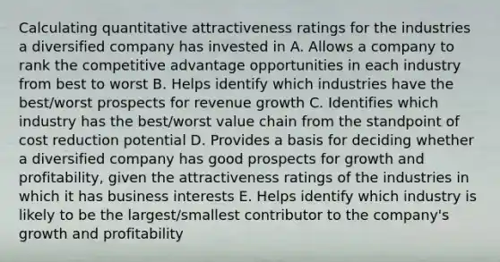 Calculating quantitative attractiveness ratings for the industries a diversified company has invested in A. Allows a company to rank the competitive advantage opportunities in each industry from best to worst B. Helps identify which industries have the best/worst prospects for revenue growth C. Identifies which industry has the best/worst value chain from the standpoint of cost reduction potential D. Provides a basis for deciding whether a diversified company has good prospects for growth and profitability, given the attractiveness ratings of the industries in which it has business interests E. Helps identify which industry is likely to be the largest/smallest contributor to the company's growth and profitability