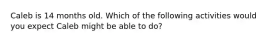 Caleb is 14 months old. Which of the following activities would you expect Caleb might be able to do?