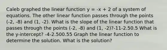 Caleb graphed the linear function y = -x + 2 of a system of equations. The other linear function passes through the points (-2, -8) and (1, -2). What is the slope of the linear function that passes through the points (-2, -8) and (1, -2)?-11-2.50.5 What is the y-intercept? -4-2.500.55 Graph the linear function to determine the solution. What is the solution?