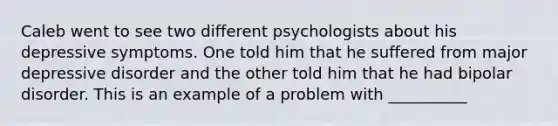 Caleb went to see two different psychologists about his depressive symptoms. One told him that he suffered from major depressive disorder and the other told him that he had bipolar disorder. This is an example of a problem with __________