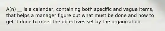 A(n) __ is a calendar, containing both specific and vague items, that helps a manager figure out what must be done and how to get it done to meet the objectives set by the organization.