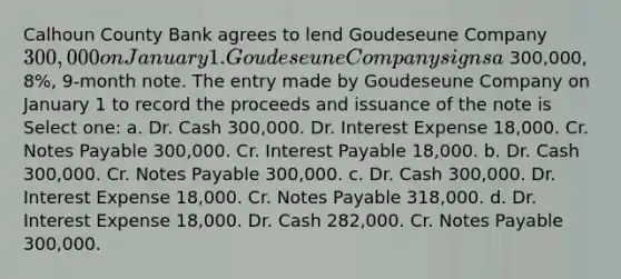 Calhoun County Bank agrees to lend Goudeseune Company 300,000 on January 1. Goudeseune Company signs a 300,000, 8%, 9-month note. The entry made by Goudeseune Company on January 1 to record the proceeds and issuance of the note is Select one: a. Dr. Cash 300,000. Dr. Interest Expense 18,000. Cr. Notes Payable 300,000. Cr. Interest Payable 18,000. b. Dr. Cash 300,000. Cr. Notes Payable 300,000. c. Dr. Cash 300,000. Dr. Interest Expense 18,000. Cr. Notes Payable 318,000. d. Dr. Interest Expense 18,000. Dr. Cash 282,000. Cr. Notes Payable 300,000.