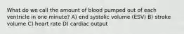 What do we call the amount of blood pumped out of each ventricle in one minute? A) end systolic volume (ESV) B) stroke volume C) heart rate D) cardiac output