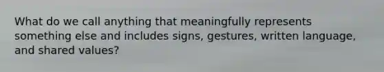 What do we call anything that meaningfully represents something else and includes signs, gestures, written language, and shared values?