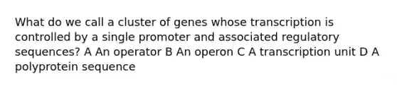 What do we call a cluster of genes whose transcription is controlled by a single promoter and associated regulatory sequences? A An operator B An operon C A transcription unit D A polyprotein sequence