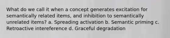 What do we call it when a concept generates excitation for semantically related items, and inhibition to semantically unrelated items? a. Spreading activation b. Semantic priming c. Retroactive intereference d. Graceful degradation