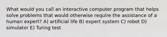 What would you call an interactive computer program that helps solve problems that would otherwise require the assistance of a human expert? A) artificial life B) expert system C) robot D) simulator E) Turing test