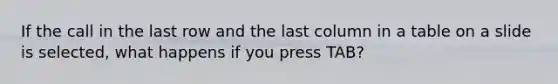 If the call in the last row and the last column in a table on a slide is selected, what happens if you press TAB?