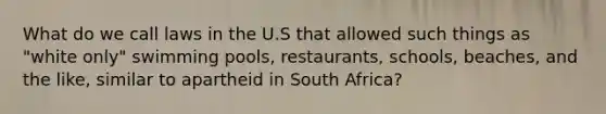 What do we call laws in the U.S that allowed such things as "white only" swimming pools, restaurants, schools, beaches, and the like, similar to apartheid in South Africa?