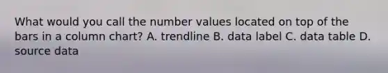 What would you call the number values located on top of the bars in a column chart? A. trendline B. data label C. data table D. source data