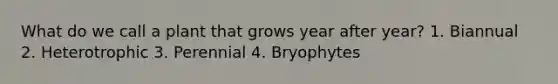 What do we call a plant that grows year after year? 1. Biannual 2. Heterotrophic 3. Perennial 4. Bryophytes