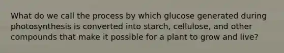 What do we call the process by which glucose generated during photosynthesis is converted into starch, cellulose, and other compounds that make it possible for a plant to grow and live?