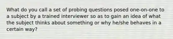 What do you call a set of probing questions posed one-on-one to a subject by a trained interviewer so as to gain an idea of what the subject thinks about something or why he/she behaves in a certain way?