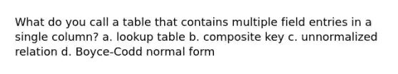 What do you call a table that contains multiple field entries in a single column? a. lookup table b. composite key c. unnormalized relation d. Boyce-Codd normal form