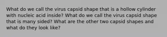 What do we call the virus capsid shape that is a hollow cylinder with nucleic acid inside? What do we call the virus capsid shape that is many sided? What are the other two capsid shapes and what do they look like?