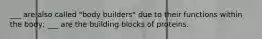 ___ are also called "body builders" due to their functions within the body; ___ are the building blocks of proteins.