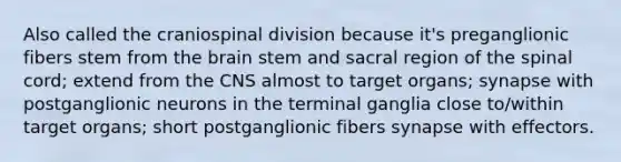 Also called the craniospinal division because it's preganglionic fibers stem from the brain stem and sacral region of the spinal cord; extend from the CNS almost to target organs; synapse with postganglionic neurons in the terminal ganglia close to/within target organs; short postganglionic fibers synapse with effectors.