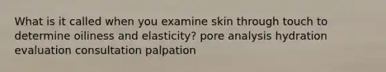 What is it called when you examine skin through touch to determine oiliness and elasticity? pore analysis hydration evaluation consultation palpation