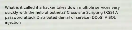 What is it called if a hacker takes down multiple services very quickly with the help of botnets? Cross-site Scripting (XSS) A password attack Distributed denial-of-service (DDoS) A SQL injection