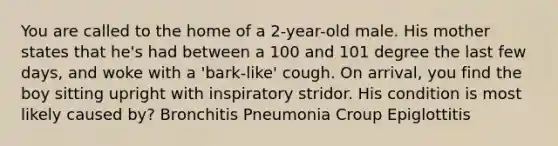 You are called to the home of a 2-year-old male. His mother states that he's had between a 100 and 101 degree the last few days, and woke with a 'bark-like' cough. On arrival, you find the boy sitting upright with inspiratory stridor. His condition is most likely caused by? Bronchitis Pneumonia Croup Epiglottitis