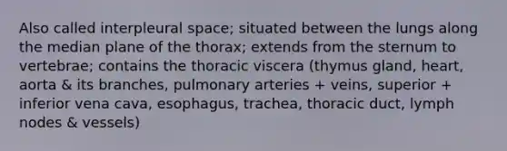 Also called interpleural space; situated between the lungs along the median plane of the thorax; extends from the sternum to vertebrae; contains the thoracic viscera (thymus gland, heart, aorta & its branches, pulmonary arteries + veins, superior + inferior vena cava, esophagus, trachea, thoracic duct, lymph nodes & vessels)