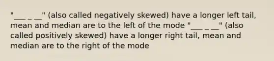 "___ _ __" (also called negatively skewed) have a longer left tail, mean and median are to the left of the mode "___ _ __" (also called positively skewed) have a longer right tail, mean and median are to the right of the mode