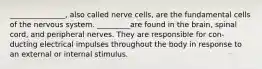 _______________, also called nerve cells, are the fundamental cells of the nervous system. _________are found in the brain, spinal cord, and peripheral nerves. They are responsible for con- ducting electrical impulses throughout the body in response to an external or internal stimulus.