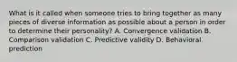 What is it called when someone tries to bring together as many pieces of diverse information as possible about a person in order to determine their personality? A. Convergence validation B. Comparison validation C. Predictive validity D. Behavioral prediction