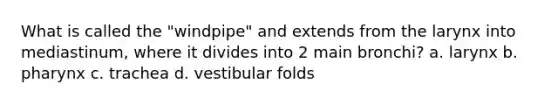 What is called the "windpipe" and extends from the larynx into mediastinum, where it divides into 2 main bronchi? a. larynx b. pharynx c. trachea d. vestibular folds