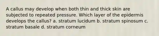 A callus may develop when both thin and thick skin are subjected to repeated pressure. Which layer of the epidermis develops the callus? a. stratum lucidum b. stratum spinosum c. stratum basale d. stratum corneum