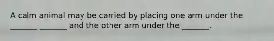 A calm animal may be carried by placing one arm under the _______ _______ and the other arm under the _______.