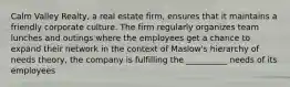 Calm Valley Realty, a real estate firm, ensures that it maintains a friendly corporate culture. The firm regularly organizes team lunches and outings where the employees get a chance to expand their network in the context of Maslow's hierarchy of needs theory, the company is fulfilling the __________ needs of its employees