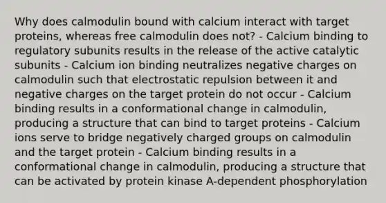 Why does calmodulin bound with calcium interact with target proteins, whereas free calmodulin does not? - Calcium binding to regulatory subunits results in the release of the active catalytic subunits - Calcium ion binding neutralizes negative charges on calmodulin such that electrostatic repulsion between it and negative charges on the target protein do not occur - Calcium binding results in a conformational change in calmodulin, producing a structure that can bind to target proteins - Calcium ions serve to bridge negatively charged groups on calmodulin and the target protein - Calcium binding results in a conformational change in calmodulin, producing a structure that can be activated by protein kinase A-dependent phosphorylation