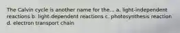 The Calvin cycle is another name for the... a. light-independent reactions b. light-dependent reactions c. photosynthesis reaction d. electron transport chain
