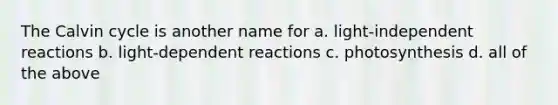 The Calvin cycle is another name for a. light-independent reactions b. light-dependent reactions c. photosynthesis d. all of the above