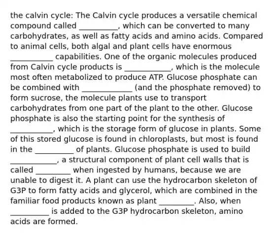 the calvin cycle: The Calvin cycle produces a versatile chemical compound called __________, which can be converted to many carbohydrates, as well as fatty acids and <a href='https://www.questionai.com/knowledge/k9gb720LCl-amino-acids' class='anchor-knowledge'>amino acids</a>. Compared to animal cells, both algal and plant cells have enormous ___________ capabilities. One of the <a href='https://www.questionai.com/knowledge/kjUwUacPFG-organic-molecules' class='anchor-knowledge'>organic molecules</a> produced from Calvin cycle products is ____________, which is the molecule most often metabolized to produce ATP. Glucose phosphate can be combined with _____________ (and the phosphate removed) to form sucrose, the molecule plants use to transport carbohydrates from one part of the plant to the other. Glucose phosphate is also the starting point for the synthesis of ___________, which is the storage form of glucose in plants. Some of this stored glucose is found in chloroplasts, but most is found in the __________ of plants. Glucose phosphate is used to build ____________, a structural component of plant cell walls that is called _________ when ingested by humans, because we are unable to digest it. A plant can use the hydrocarbon skeleton of G3P to form fatty acids and glycerol, which are combined in the familiar food products known as plant _________. Also, when __________ is added to the G3P hydrocarbon skeleton, amino acids are formed.