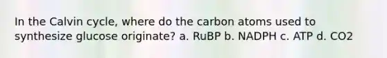 In the Calvin cycle, where do the carbon atoms used to synthesize glucose originate? a. RuBP b. NADPH c. ATP d. CO2