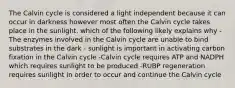 The Calvin cycle is considered a light independent because it can occur in darkness however most often the Calvin cycle takes place in the sunlight. which of the following likely explains why -The enzymes involved in the Calvin cycle are unable to bind substrates in the dark - sunlight is important in activating carbon fixation in the Calvin cycle -Calvin cycle requires ATP and NADPH which requires sunlight to be produced -RUBP regeneration requires sunlight in order to occur and continue the Calvin cycle