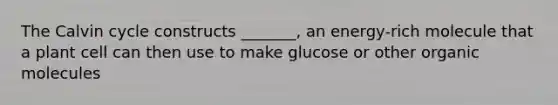 The Calvin cycle constructs _______, an energy-rich molecule that a plant cell can then use to make glucose or other organic molecules