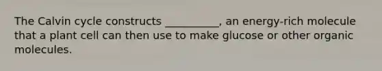 The Calvin cycle constructs __________, an energy-rich molecule that a plant cell can then use to make glucose or other <a href='https://www.questionai.com/knowledge/kjUwUacPFG-organic-molecules' class='anchor-knowledge'>organic molecules</a>.