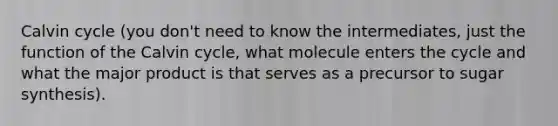 Calvin cycle (you don't need to know the intermediates, just the function of the Calvin cycle, what molecule enters the cycle and what the major product is that serves as a precursor to sugar synthesis).